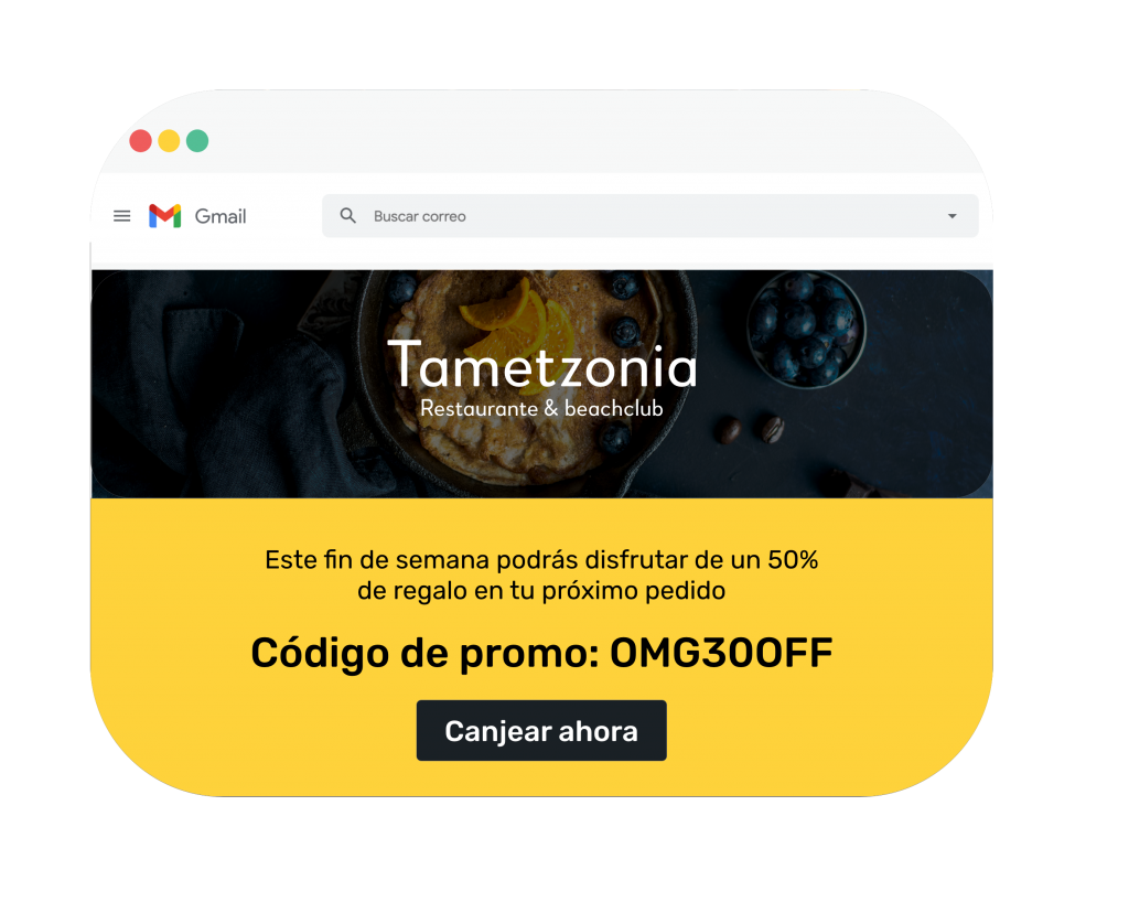 Ejemplo de un código promocional del restaurante Tametzonia para un 50% de regalo en el próximo pedido.